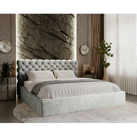 Emporius Lit double 200x200 cm Ali, lit glamour avec rangement et cadre métallique, Gris clair (1/5)