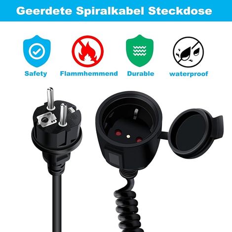 16A 250V Spiral Extension Cord Socket for Outdoor or Indoor Use Home Office Black 2-1.5 m (1/4)