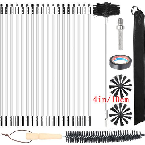 Kit de 24 brosses de nettoyage pour cheminée avec 18 tiges en nylon flexibles + 2 têtes de brosse + 1 longue brosse en bois + sac de rangement, tuyau d'évacuation, capot de fumée (1/5)