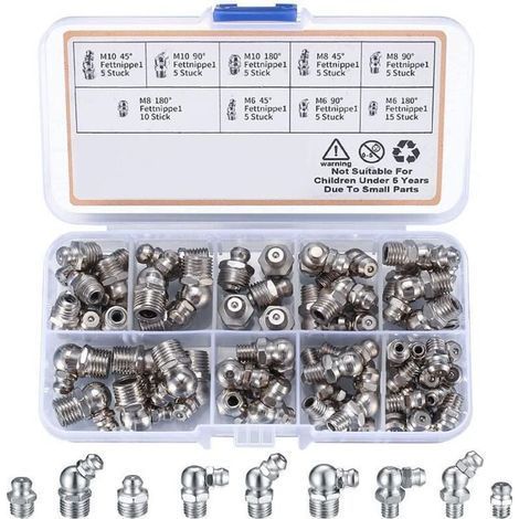 60 Pièces graisseur a Visser, Assortiment Graisseur M6 M8 M10, Droit Graisse Raccord 45° 90° 180°, avec Boîte en Plastique, pour Équipement Mécanique, Embout de Graissage Fixations (1/4)