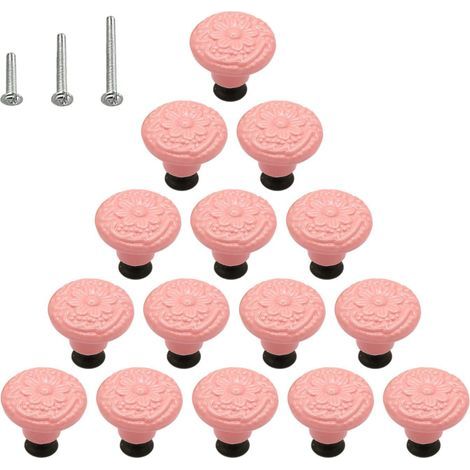 Set of 15 glossy ceramic mushroom-style drawer pulls for cabinets, dressers, furniture, wardrobes, with 3 mounting screws, pink (1/5)
