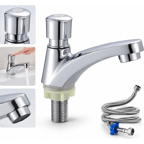 Robinet de lavabo poussoir temporisé en laiton massif, fermeture automatique après pression, eau froide, hauteur 8,5 cm, tube de raccordement 50 cm inclus, pour salle de bain et toilettes publiques (1 (1/5)