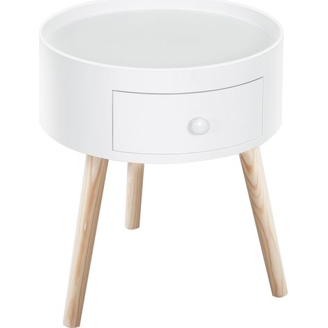 Table D'appoint Ronde 38x38x45 Cm Blanche En Bois, Tiroir Discret Et Style Scandinave Intemporel (1/5)