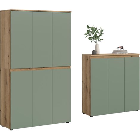 Scarpa Schlafzimmer-Set Kleiderschrank und Sideboard, 9 Türen Eiche Dekor, staubgrün.