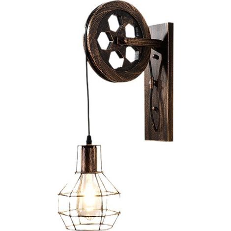 PRI-Applique murale industrielle vintage à poulie – Lampe E27 pour intérieur – Métal laiton – Dimensions 30,5x9,5cm – Idéale pour salon et restaurant (1/5)