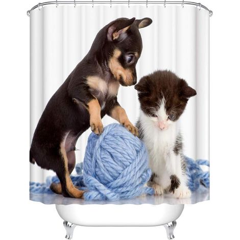 Rideau de Douche Tissu Lavable, Polyester Rideaux de Salle de Bain Facile à Nettoyer avec 12 Crochets Résistant à l'eau Anti-moisissure Décor À La Maison Accessoires (Chat Chiot,90x180cm) (1/5)