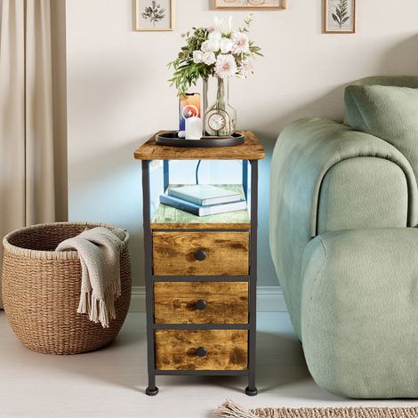 Mesita de noche - 3 cajones - Con USB y LED - 60 x 30 x 62 cm - Mueble de dormitorio - MDF y metal - Industrial - Estampado de tigre (1/5)