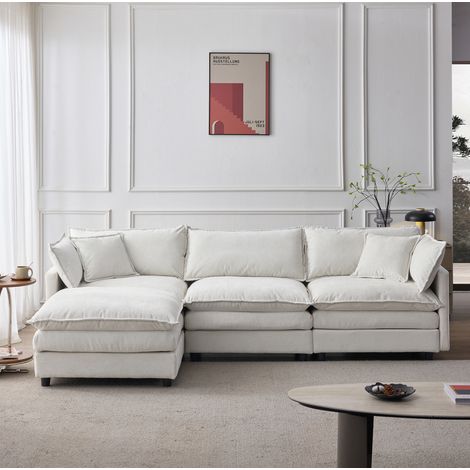 Divano angolare 3 posti con chaise longue e pouf in ciniglia beige 267 x 154 x 85 cm DESVIAE (1/5)
