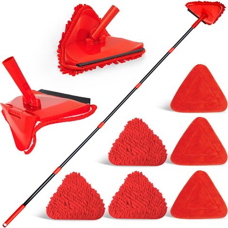 Vadrouille de Nettoyage avec Manche Long de 202 cm, Pliable à 180° Balai Serpillere avec Raclette pour Laver Les Murs Peints, Triangle Balai Nettoyage avec 6 Tampons(Rouge) (1/5)
