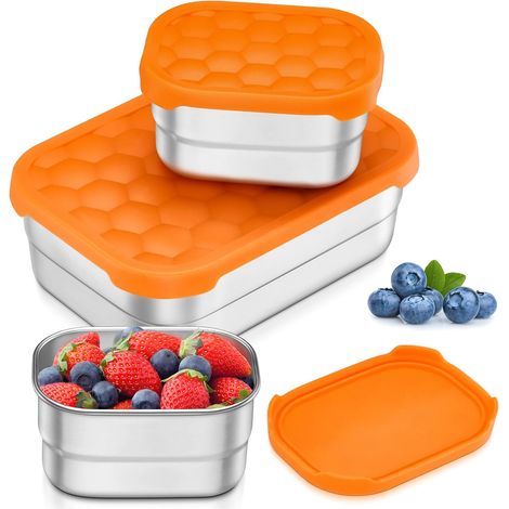 Contenitore per snack e pranzo per bambini in acciaio inossidabile 18/10, arancione, set da 3 (720 ml + 2 x 230 ml), coperchio in silicone a tenuta stagna, atossico (1/5)