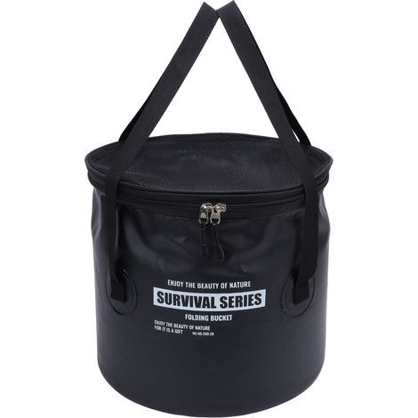 Folding fabric bucket with mesh pocket, portable drain basket, water container for outdoor camping, fishing, car washing, black (1/5)