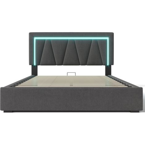 Cama con almacenaje doble 160x200 cm con LED, USB Type-C, cabecero regulable, lino gris HOMVRA (1/5)
