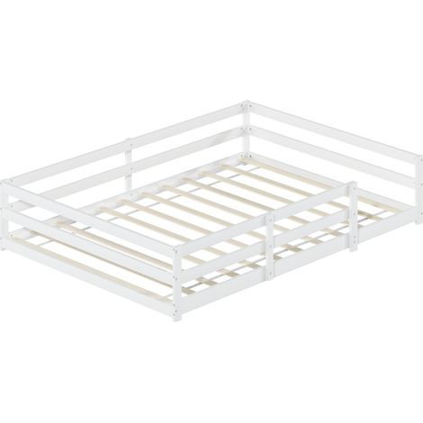 Lit Montessori au sol avec barrière 4 côtés 140 x 200 cm en bois de pin blanc (1/5)