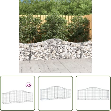 The Living Store Paniers à gabions arqués 5 pcs 200x50x60/80 cm Fer galvanisé - Panier Gabion - Mur Gabion - Clôture Gabion - Décoration Jardin - Barrieres Jardin (1/5)