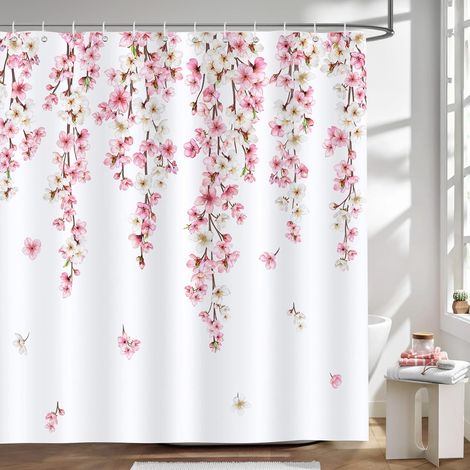CCYKXA 1 Stück 180 x 180 cm mit 12 Haken, rosa Sakura-Duschvorhang, Sakura-Frühlings-Duschvorhang, Polyestergewebe, schimmelhemmend, wasserdicht, waschbar, Badezimmervorhang, geeignet für Badewanne