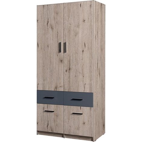 Armadio a due ante e quattro cassetti collezione FLEX, colore rovere wellington e grigio grafite.