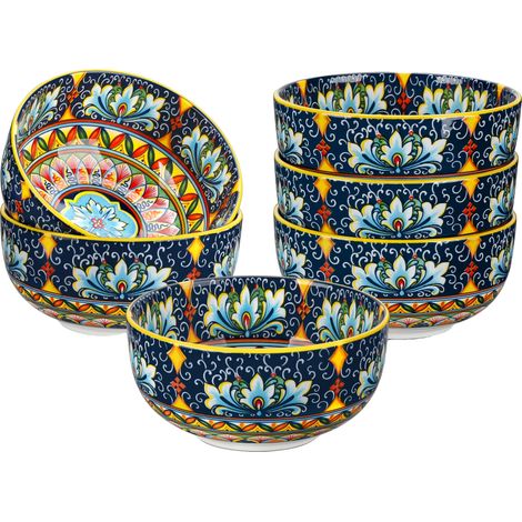 Juego de 12 cuencos de cerámica, capacidad de 28 oz, diseño con estampado floral, color amarillo. (1/2)