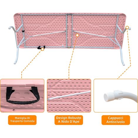 Tavolo pieghevole portatile 243 cm resistente con maniglia, multifunzionale per interni ed esterni, capacità 135 kg, colore rosa (1/5)