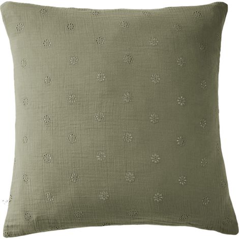 Taie d'oreiller brodée double gaze de coton kaki 60x60 cm