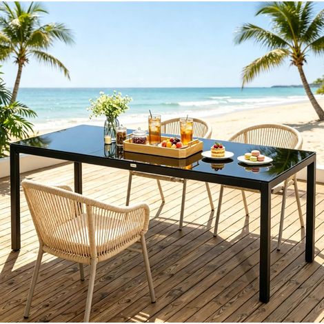 Gartentisch 180 x 80 x 72 cm aus Aluminium und Sicherheitsglas Schwarz HAVRYA (1/5)