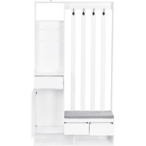 Porte-manteau avec banc de rangement rembourré, armoire multifonctionnelle avec panneau perforé, 4 crochets, MDF blanc, 180x100x35 cm (1/5)