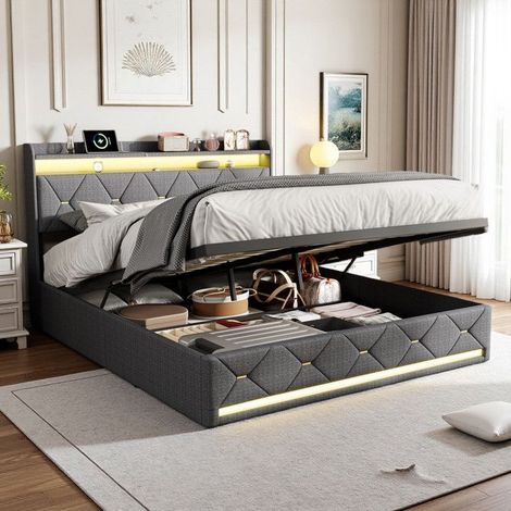 Cama con cofre tapizado - 140x200 lino gris - Carga inalámbrica 15W - LED RGB integrada - Almacenamiento con cofre hidráulico