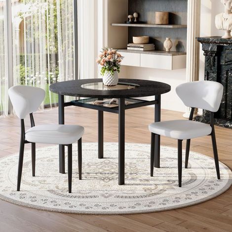 Ensemble Table et Chaises 100 cm 2 Chaises Table Ronde 2 Fauteuils Blancs PU Dossier Courbé Aspect Bois Noir (1/5)