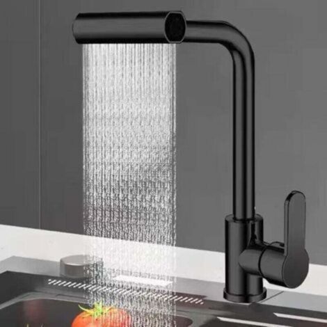 Robinet de cuisine extensible à cascade, mitigeur rotatif à 360°, -DOUchette extractible, 4 modes de jet, eau chaude et froide (Noir)-DOU