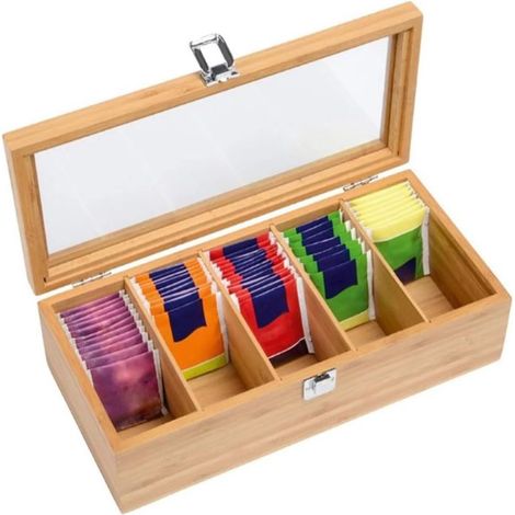 Boîte à thé en bambou, boîte de rangement pour thé avec 5 compartiments amovibles, 11,8 x 3,9 x 2,5 pouces, boîte à sachets de thé, fermeture à pression, hermétique, résistante à l'humidité et à la po (1/5)