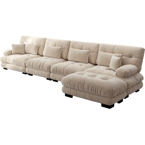 Sofá modular en L de chenilla color café claro, 4 plazas con otomana móvil MODENUIT (1/5)