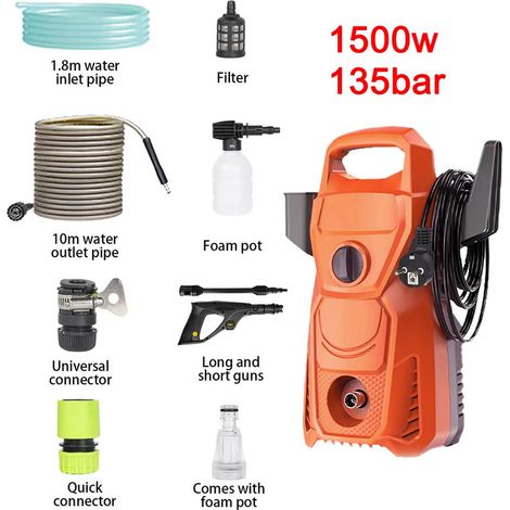 Nettoyeur électrique haute pression 1500W – 135 bar – 336 L/h – pistolet haute pression multi-angle
,Orange (1/5)