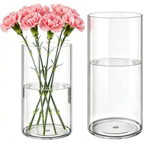 Lot de 2 Vases Cylindriques en Acrylique Transparent - Vase Incassable pour Fleurs Fraîches et Séchées - Décoration Minimaliste pour Maison, Bureau, Mariage - 10x20 cm et 12x30 cm (1/5)