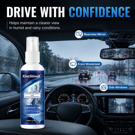 KineShineX Antibeschlagspray für Autoscheiben - Lang anhaltender Antibeschlagreiniger für Autoscheiben - Entfernt schnell Beschlag und reduziert Feuchtigkeit. (1/4)