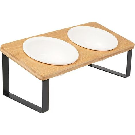 Mangeoire surélevée en bois pour animal domestique, support 2 gamelles céramiques inclinées anti-glouton, table de repas chat chien structure métallique stable, vaisselle croquette et eau lavable pour (1/5)