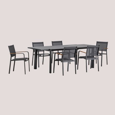 Set tavolo rettangolare allungabile Starmi, 180x240-100 cm, e 6 sedie da giardino impilabili Archer in alluminio. SKLUM            