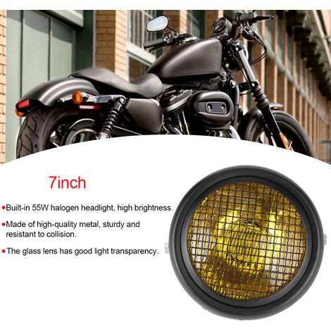 Phare arrière halogène rétro noir 7 pouces 55 W pour moto, feux de route/croisement, avec grille et verre jaune. (1/5)