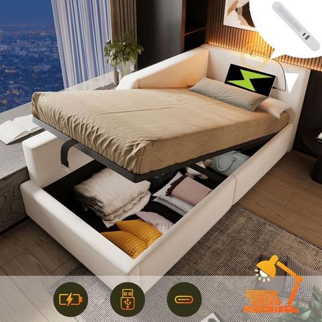 Lit coffre 90x200 cm -sogeu- lit simple 1 personne avec rangement hydraulique, liseuse et chargeur usb-c, lattes de bois, velours (1/5)
