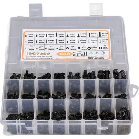 Kit de 600 vis hexagonales, écrous et rondelles plates M3, M4, M5 et M6 avec clé et pince à épiler. (1/4)