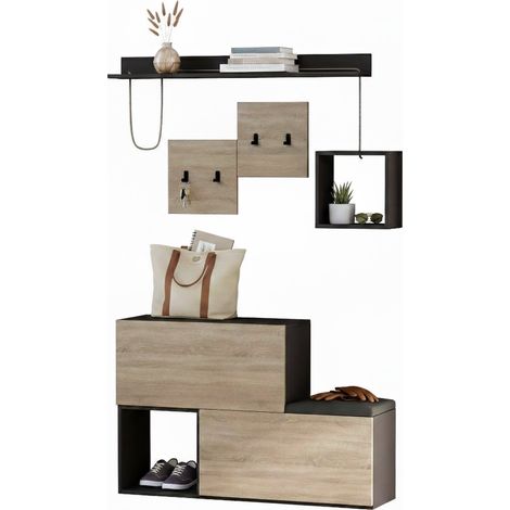 Dmora - Eingangsmöbel Dgiorgin, Moderner Eingang, Wandgarderobe, Multifunktions-Aufbewahrungskonsole, 120x17h76 cm, Anthrazit und Eiche