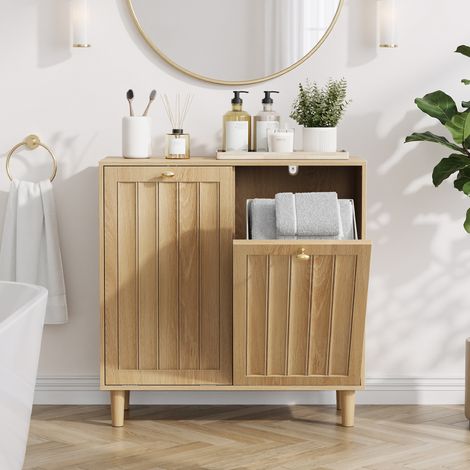 Schräger Wäschekorb mit herausnehmbarem Innenkorb, Badezimmer-Wäscheschrank, verdeckter Wäschekorb, freistehendes Haushaltsregal, Eichenholzfarben