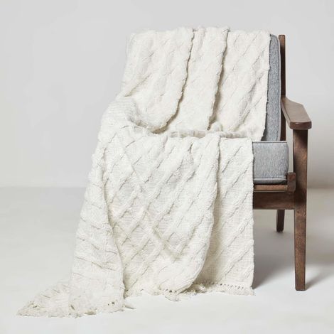 HOMESCAPES White Diamond Cotton Tufted Throw 125 x 150 cm (1/5)
