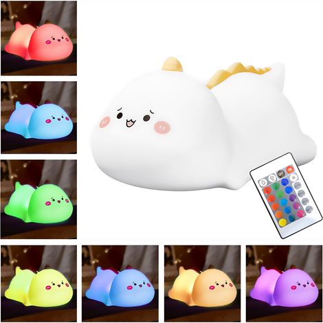 Pokky Clever Dino - L谩mpara de noche multicolor de silicona con bater铆a recargable. Control mediante toque o con el mando a distancia incluido. 17 colores, 3 niveles de brillo, temporizador. Carga USB (1/4)