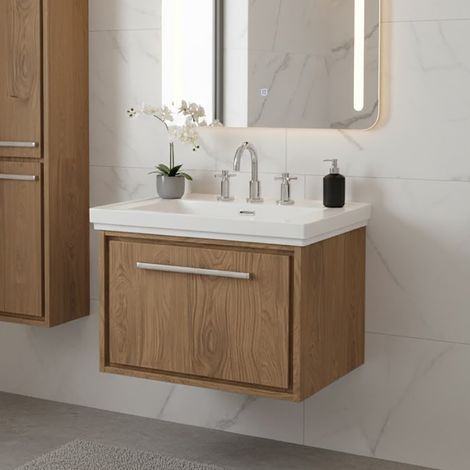 Hudson Reed Lille Wall Hung 1-Drawer Vanity Unit with 3TH Classique Basin 600mm Wide - Antique Oak (1/5)
