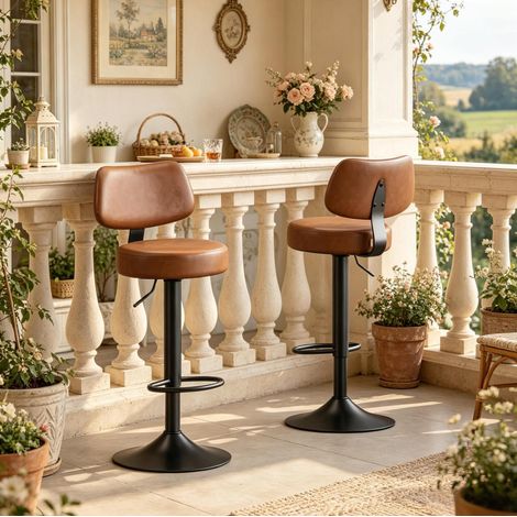 Tabouret de bar réglable lot de 2 41x41x84-109 cm en simili cuir brun, moderne FloraGrace (1/5)