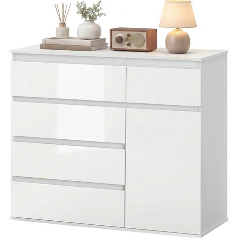 Buffet moderne, buffet de rangement avec 5 tiroirs, étagère réglable, porte à fermeture amortie, blanc laqué brillant (1/5)