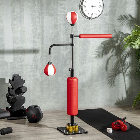 Soporte de boxeo SPORTNOW, dos peras de velocidad, barra de boxeo giratoria, almohadillas de patada, altura regulable, acero, 107 x 36 x 140-205 cm (1/5)