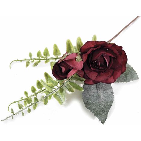 Rose bordeaux artificiali pick / chiudipacco con boccioli e foglioline verdi, set da 12 pezzi, cm 19 H (con gambo 29)