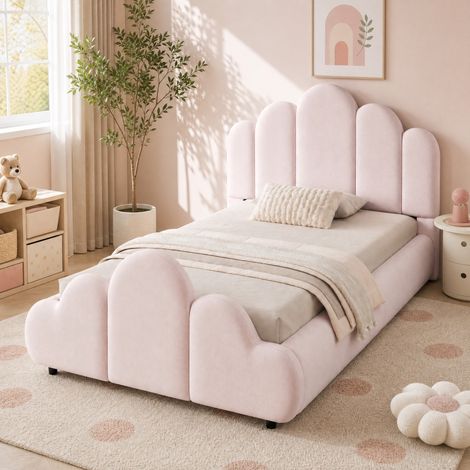 Lit enfant 90x200 cm en velours rose, facile à monter, pour chambre enfant FloraGrace (1/5)