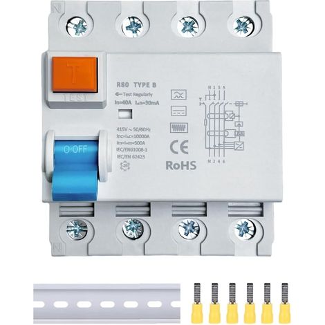 Disjoncteur différentiel FI 40 A - 30 mA / 4 pôles / type B - RCD 40 A 30 mA 4 pôles - Fusible automatique - Rail DIN pour bornes de charge murales (1/5)