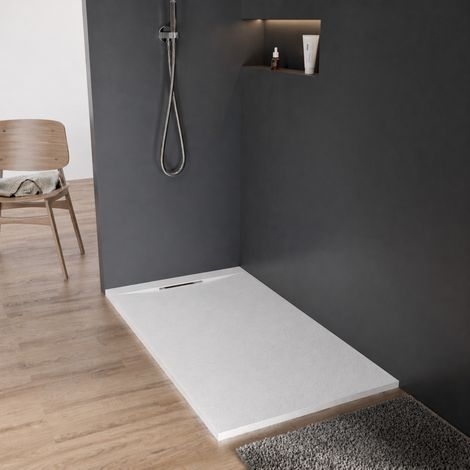 Plato de ducha 160x90x3cm en Polibeton Blanco mate efecto piedra recortable (1/5)